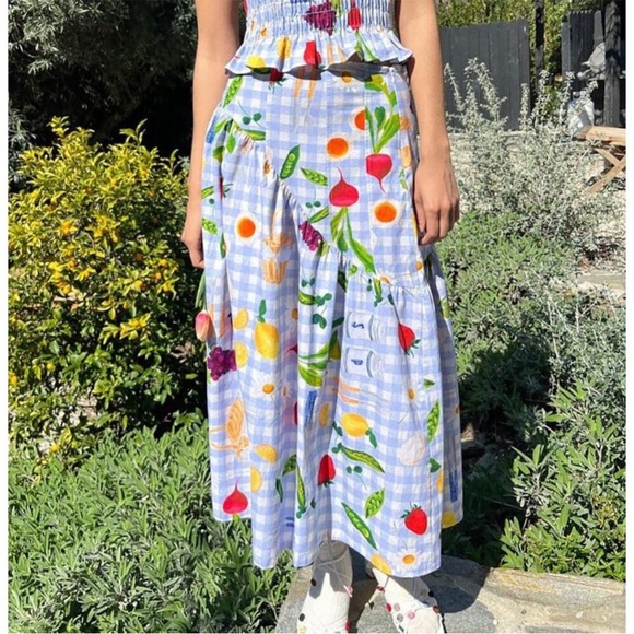 NWT Lisa Says Gah Picnic Alfresco Blue Checker Fruit Food Basket Midi Skirt Sz L - Picture 1 of 16